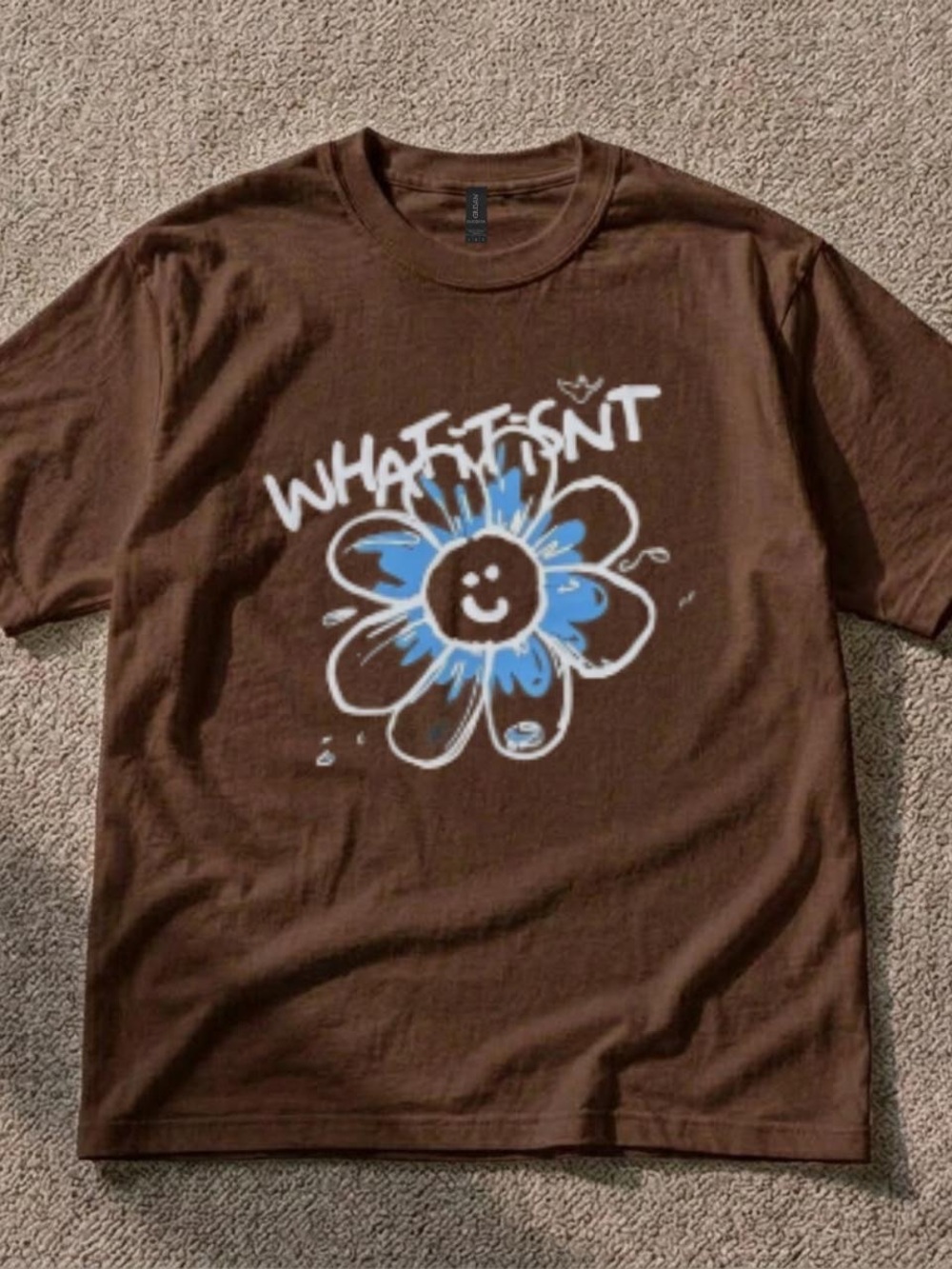 Gildan Brown Tee with Blue & White Flower Graphic